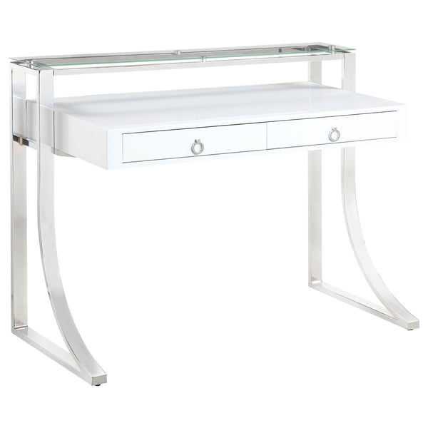 English Elm Serrano Glossy White Writing Desk with Tempered Glass Hutch, Polished Chrome Frame & 2 Drawers — Modern 48" MDF Workspace Perfect for Home Office Elegance B062S00713