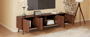 English Elm 70 Inch Fluted Entertainment Center Walnut Finish Solid Wood Legs Soft Close Storage N710P372582P
