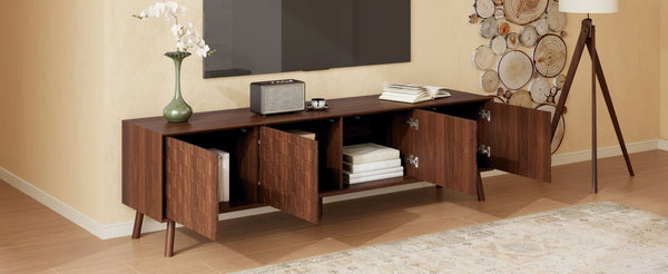 English Elm 70 Inch Fluted Entertainment Center Walnut Finish Solid Wood Legs Soft Close Storage N710P372582P