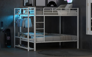 English Elm Full Size Metal Bunk Bed With Led Lights, Storage Shelves & Hooks - Stylish Space-Saver In White N7090000667K