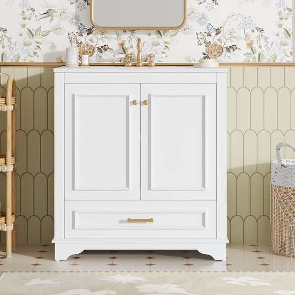 English Elm 30" Elegant Bathroom Vanity with Ceramic Sink, French-Inspired Compact Cabinet with Drawer & Shelf White N710P317676K