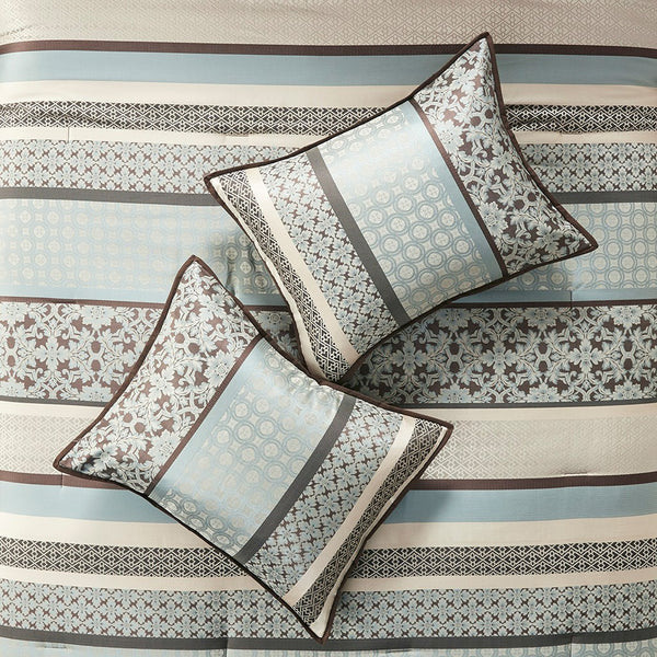 English Elm 7 Piece Comforter Set - Luxurious Blue Cal King Ensemble With Geometric & Damask Prints, Easy Care B03597163