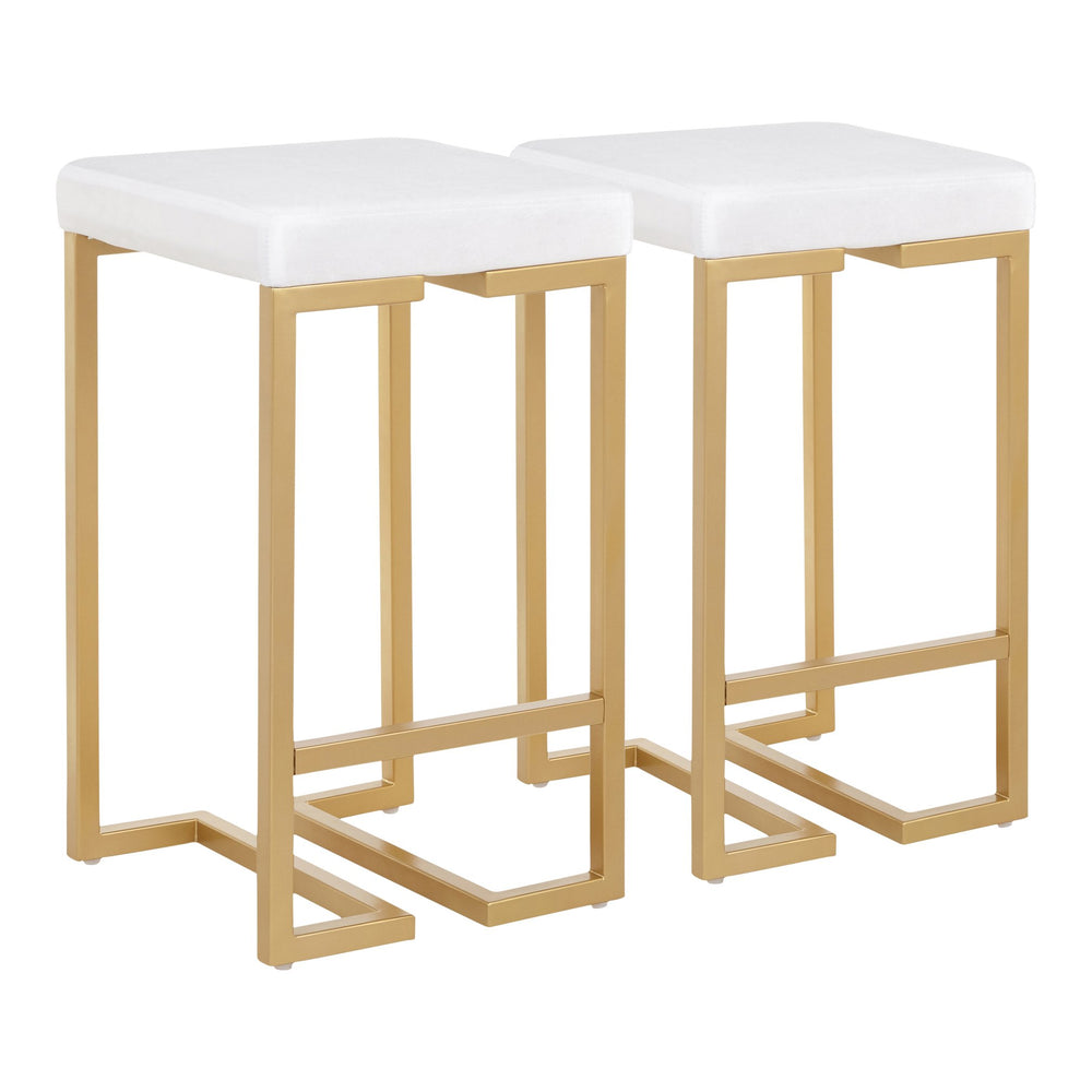 English Elm Midas 26" Contemporary-Glam Counter Stool with Gold Geometric Frame and Plush Velvet Seat, Set of 2 White B202P222392