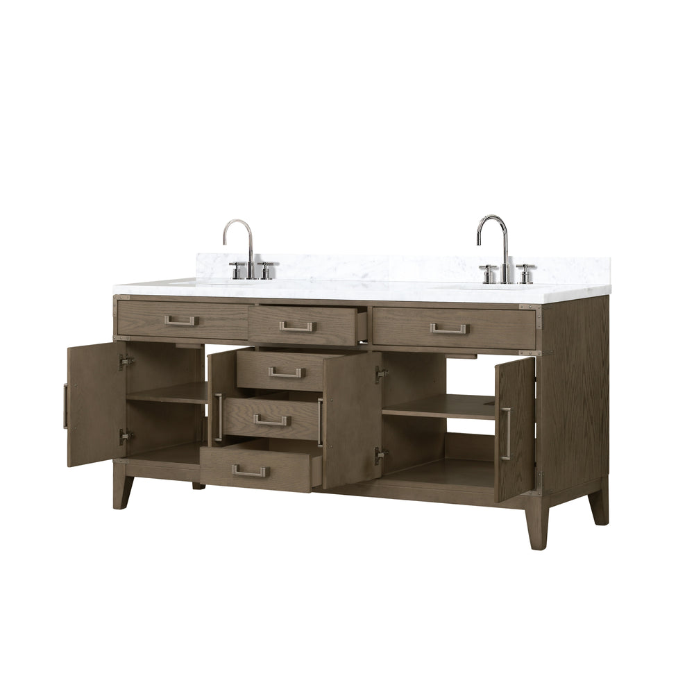English Elm Grey Oak Double Bath Vanity With Carrara Marble Top & Gooseneck Faucet Set - Stylish Storage Solution! B2731P259896