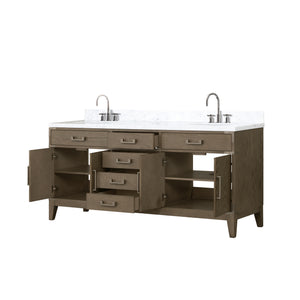 English Elm Grey Oak Double Bath Vanity With Carrara Marble Top & Gooseneck Faucet Set - Stylish Storage Solution! B2731P259896