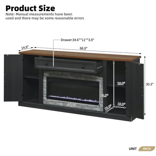 English Elm On-trend Farmhouse Electric Fireplace Console Walnut Veneer Media Cabinet for Living Room Black N721S000069B