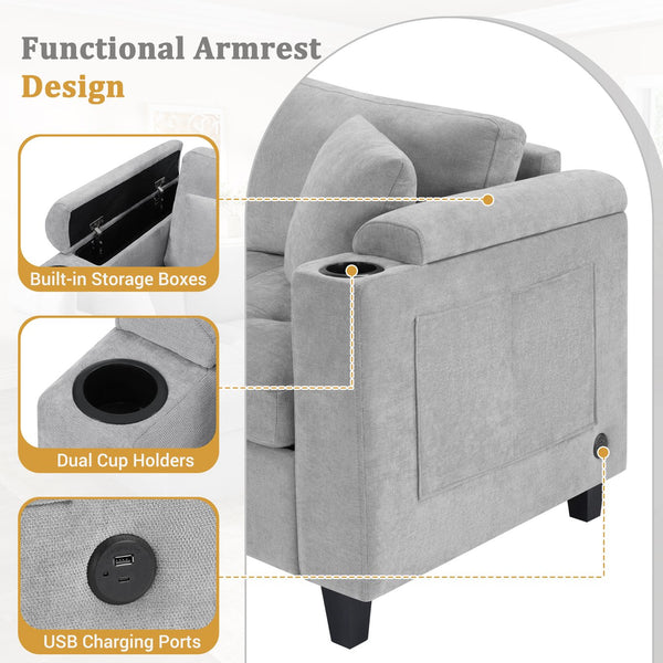 English Elm Modern U-shaped Sectional Sofa 115.7" Corner Couch with Chaise, Chenille Tufted Cushions, USB Ports and Storage LIGHT GREY N719S002150R