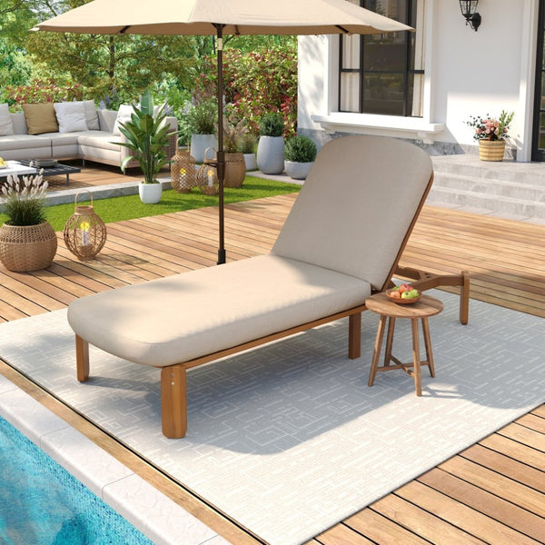 English Elm Outdoor Acacia Wood Chaise Lounge Reclining Patio Chair with Cushion for Poolside Brown N719P445623D