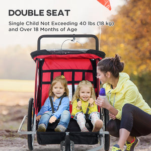 English Elm Aosom Three-wheel Kids Bike Trailer Dual Seat Foldable Cart with Safety Harness W2225P229356