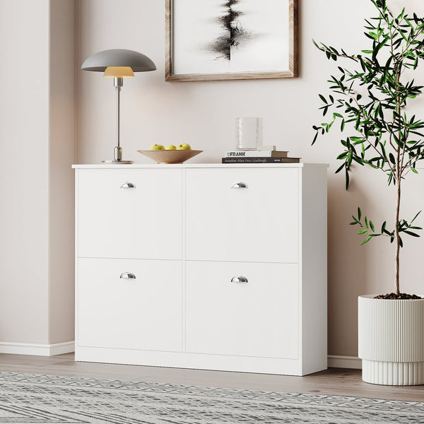 English Elm Shoe Cabinet Slim Flip-Top Rack with 4 Adjustable Drawers, Anti-Tip Entryway Organizer, Compact White W2386P308739