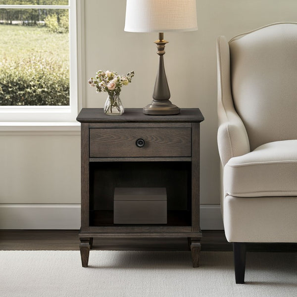 English Elm Victoria Aged Oak Nightstand with Solid Wood Legs, Wire-Brushed Veneer, Drawer & Open Shelf Brown 27.25 L x 22.75 W x 27.25 H B035P341166