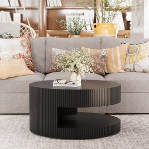 English Elm 31.5'' Round Coffee Table with Hidden Storage and Vertical Stripe Accent, Modern Durable MDF Design Black W757P206007