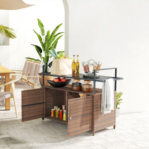 English Elm Outsunny Pe Rattan Outdoor Bar Cart with Tempered Glass Top and Storage Cabinet W2225P485624