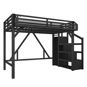English Elm Full Xl Over Twin Triple Metal Bunk Bed with Storage Stairs and Shelves Black Black+Natural W1580S00407
