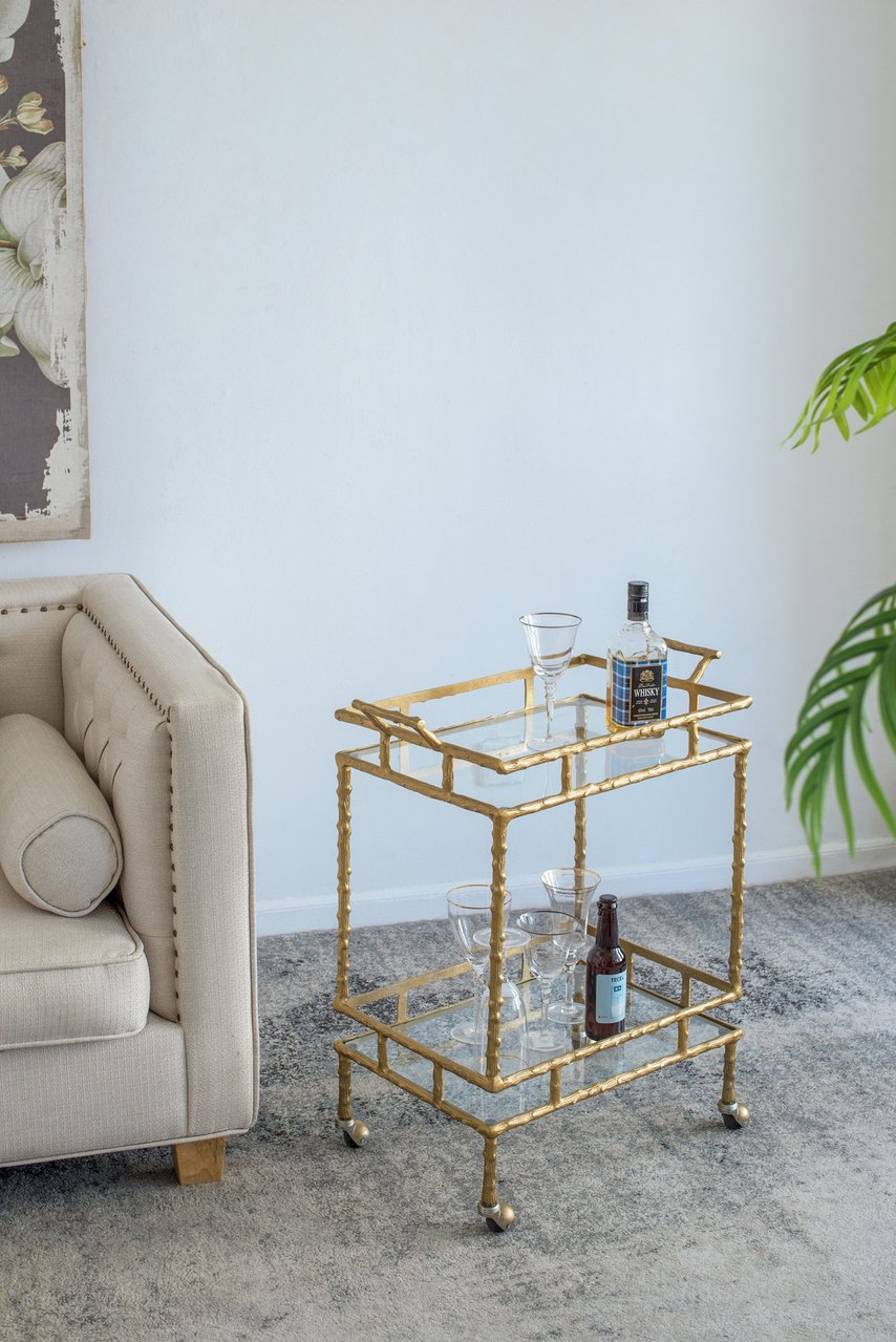 English Elm 23.5x13.5x30" Twig Bar Cart Antique Brass Finish — Two-Tier Aluminum & Glass Serving Cart with Handles W2078P370591