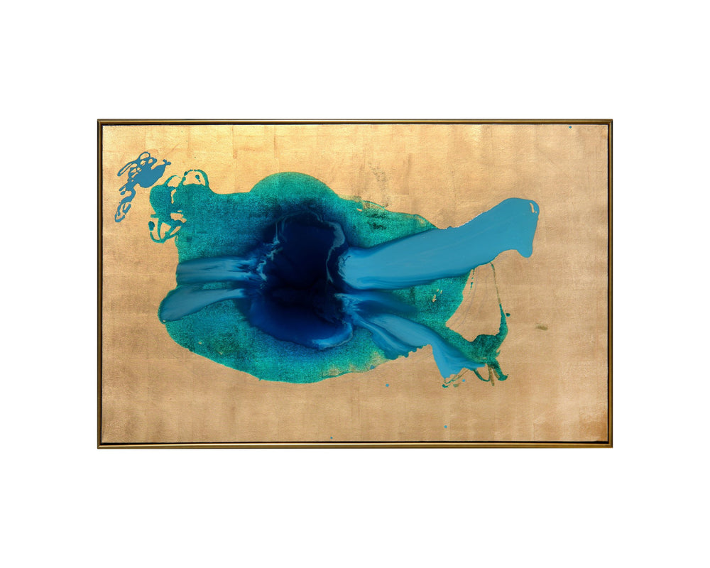 Sunpan Ink Spill Wall Art: Luxurious Hand-Painted Canvas with Gold Leaf & Glossy Blue Finish, 60"x40"