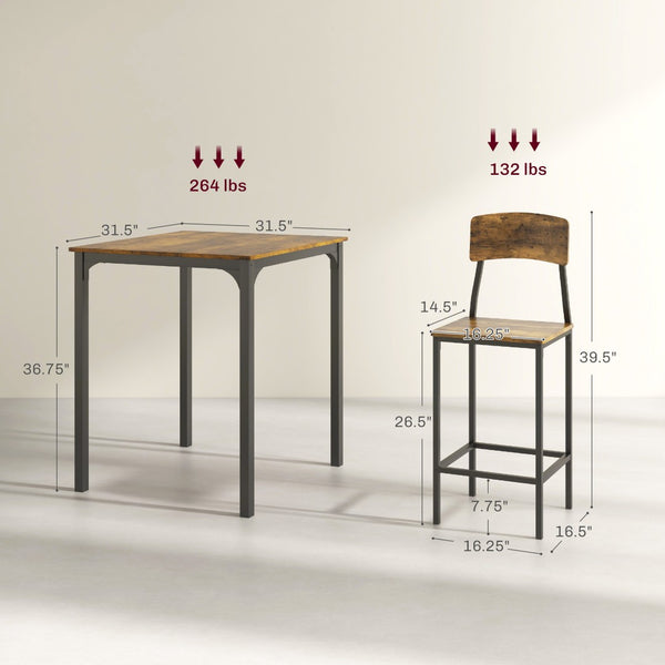 English Elm Homcom Industrial Counter Height Dining Set Rustic Wood Grain Square Table Two Stools W2225P229751