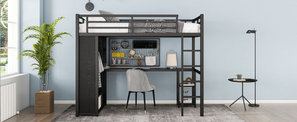 English Elm Twin Xl Loft Bed Frame With Desk & Wardrobe, Space-Saving Metal Design With Storage Shelves, Black W1580S00119-GIGA