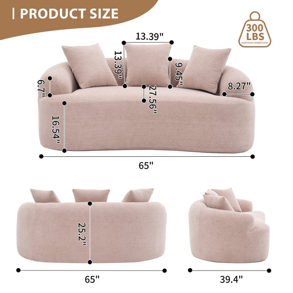 English Elm LY-025S Curved Loveseat Sofa Compact 65" chenille upholstery, 30D foam with spring core, 300lb capacity, 3 pillows, apartment-friendly Apricot Cream W2231P292607