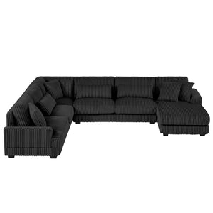English Elm 129" Oversized Sectional Sofa U-Shaped Corduroy Chaise Lounge with Curved Armrests Plush Foam Comfort Black N719S001690B