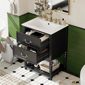 English Elm 24'' Vintage Bathroom Vanity with Ceramic Sink Soft Close Drawers Open Shelf Black N710P411237B