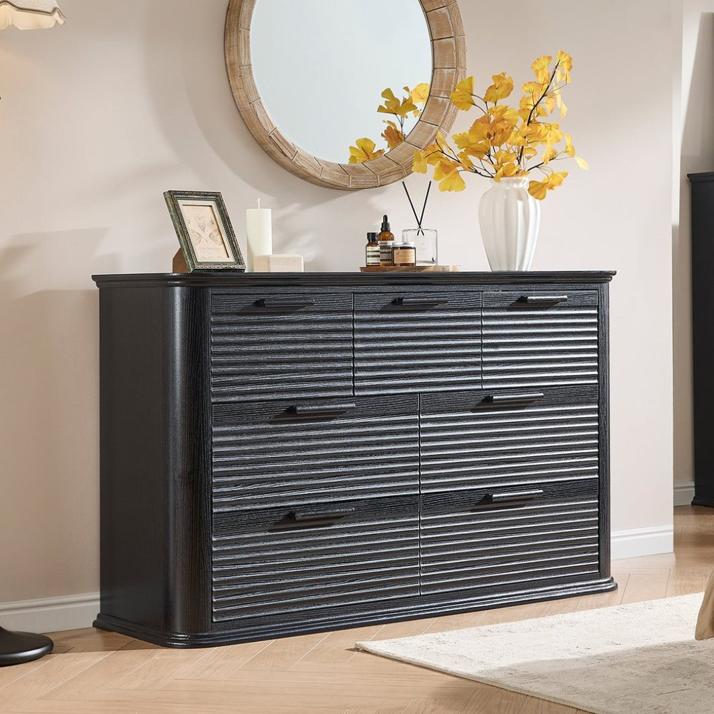 English Elm Fluted Wave Panel 7 Drawer Mdf Dresser Modern Bedroom Storage with Tv Stand Top Black Woodgrain T5326P425095