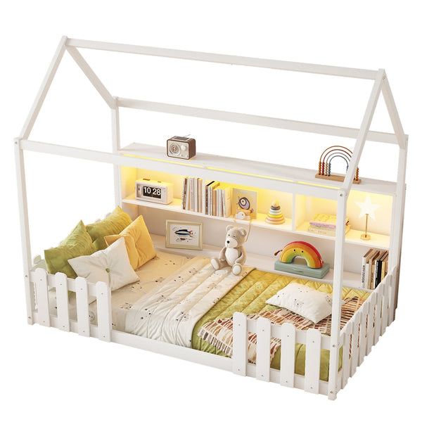 English Elm Twin House Bed with LED Light and Built-In Bookshelf, Solid Wood Playhouse Design for Kids Safety White 78.15 L x 15.75 W x 6.1 H W2593P269087
