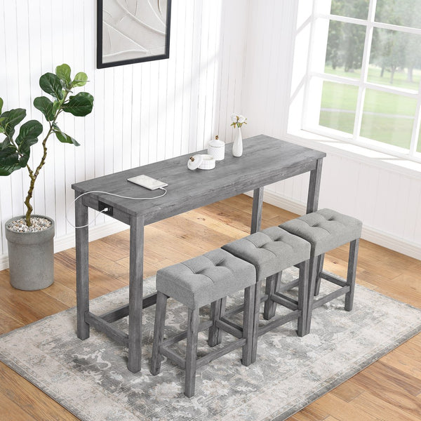 English Elm Bar Bar Table Set with Power Outlet and 4 Chairs, Industrial MDF Top, Solid Wood Seats, Durable Design Gray W487P339352