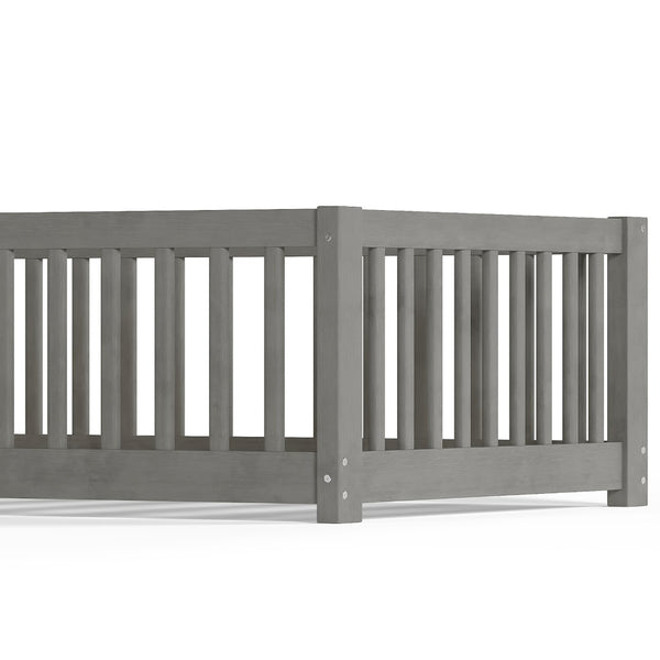 English Elm Twin Floor Bed Solid Pine Frame with Guardrails and Door for Safe Kid Sleep W1580P433575
