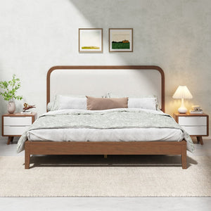 English Elm Queen Solid Acacia Platform Bed Curved Beige Upholstered Headboard Brown Oak Finish N758Q517071N