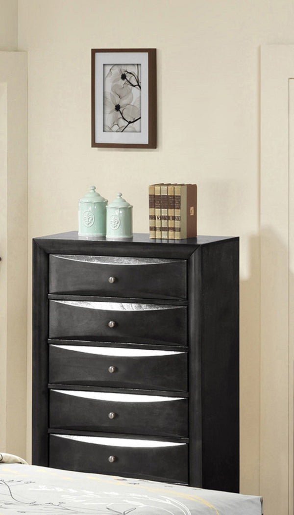 English Elm 1Pc Contemporary Nightstand with Beveled Drawers and Silver Knobs, Solid Wood Accent Table for Bedroom Storage and Style Black 33.5 L x 19 W x 51.06 H B011P216688