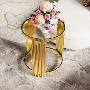 English Elm Modern Round Mirrored Glass End Table with Gold Metal Frame and Lower Display Shelf Transparent N735P380092K