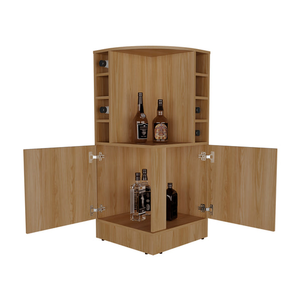 English Elm Jakes 42" Tall Corner Bar Cabinet with 8 Bottle Cubbies, Double Doors and Space-Saving Design Oak 30.5 L x 59 W x 12 H B200P253729