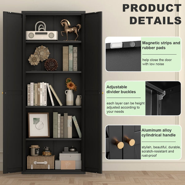 English Elm 2 Door Steel Pantry Cabinet Powder Coated Finish Gold Hardware Adjustable Shelves Tall Storage Black T3625P366653