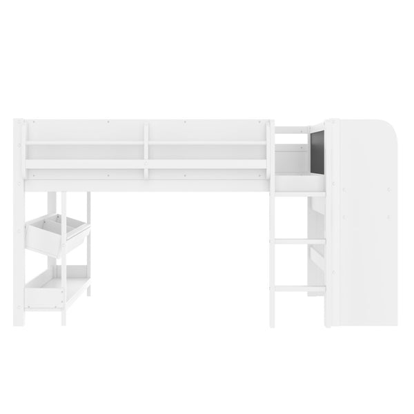 English Elm Twin Low Loft Bed Solid Pine Frame Kids Study Desk Blackboard Storage White Light White W1580S00299