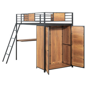 English Elm Twin Loft Bed with L-Shaped Desk and Wardrobe — Space-Saving Iron & Wood Design for Study & Storage Black SF000168AAB