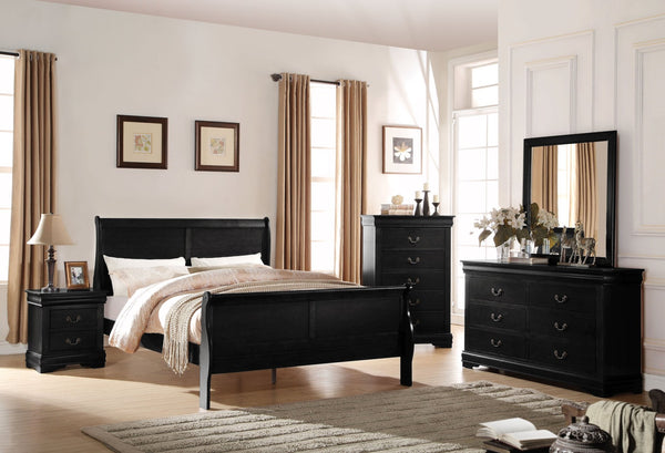 English Elm Louis Philippe Solid Wood Queen Bed Curved Sleigh Headboard Black Lacquer Finish B2726S00142