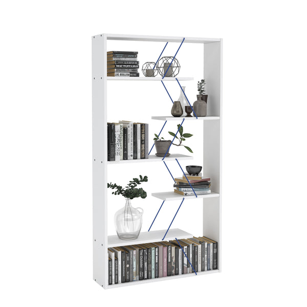 English Elm Furnish Modern 5-Tier Wood Frame Etagere with Blue Metal Open Shelves — Sturdy Industrial Bookcase Organizer B029P328570