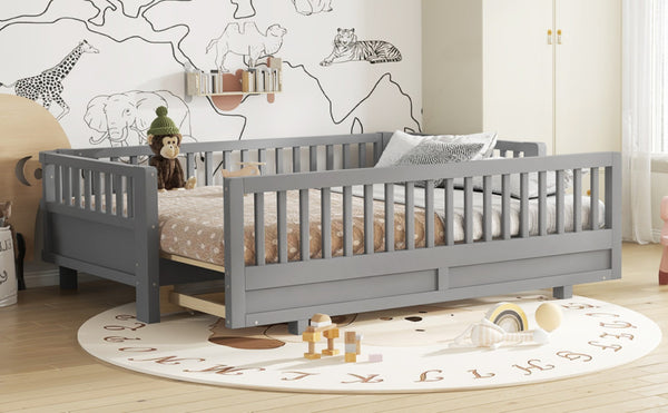 English Elm Twin Xl Convertible Platform Bed With Guardrails, Solid Wood Frame In Gray - Safe & Stylish Sleep Solution W1580S00242-GIGA