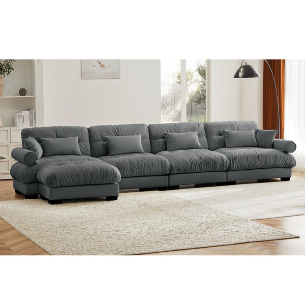 English Elm L L Shaped Sectional Cloud Sofa with Velvet Upholstery, Deep 4-Seater Modular Comfort, Luxe Bolster Support Grey W714S01129
