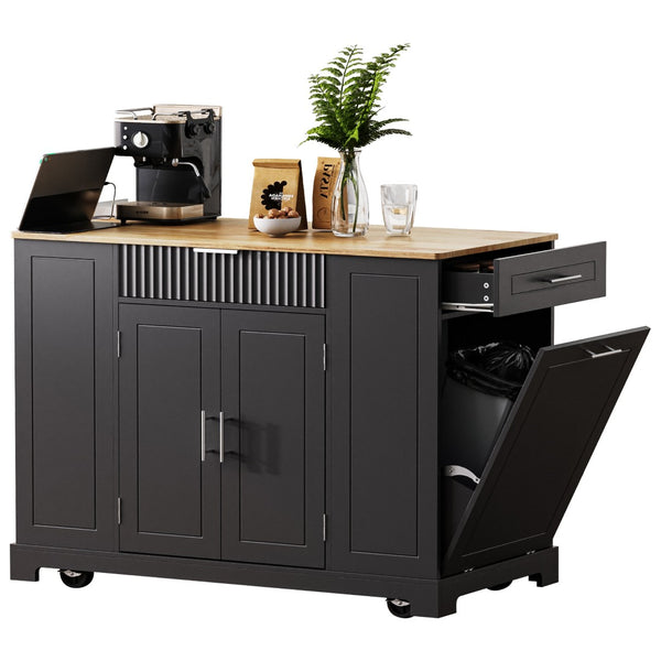 English Elm K&k Rolling Kitchen Island Rubber Wood Top Fluted Cabinet Built-in Charging Station Black N707S221571B