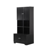 English Elm Tall and Wide Bathroom Floor Storage Cabinet, Bathroom Storage Unit, Freestanding Cabinet With 4 Doors, Adjustable Shelves, Open Multi-Layer Shelves, Black