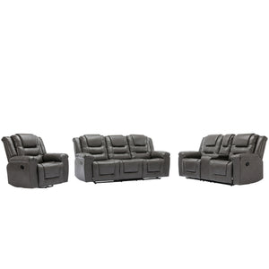 English Elm Home Theater Recliner Set Manual recliner with wide armrests, dual cup holders, durable PU upholstery, sturdy iron frame and foam comfort for living room and bedroom relaxation Grey SG001460AAE