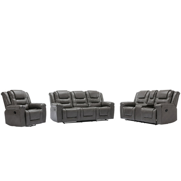 English Elm Home Theater Recliner Set Manual recliner with wide armrests, dual cup holders, durable PU upholstery, sturdy iron frame and foam comfort for living room and bedroom relaxation Grey SG001460AAE