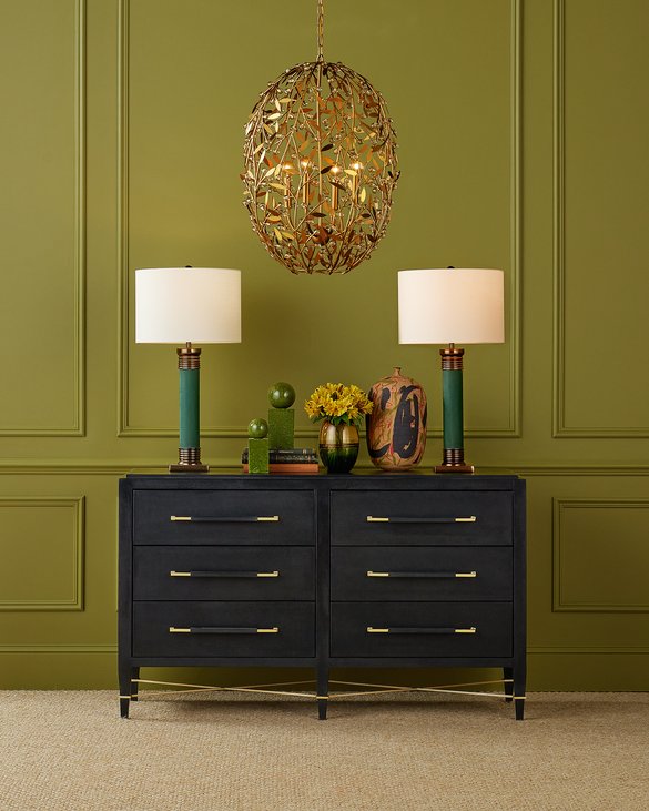 Currey & Company Verona Black Six-drawer Chest: Elegant Mahogany Design With Glamorous Champagne Accents And Luxury Touches Black Lacquered Linen ,Mahogany ,Engineered Wood ,Metal ,Faux Velvet 3000-0332-currey-company