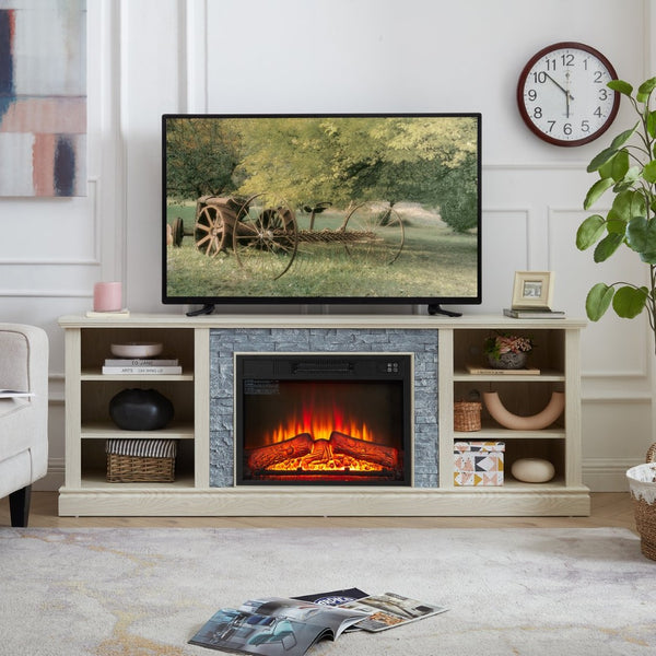 English Elm Large White Fireplace Tv Stand with Faux Stone Surround and Adjustable Media Storage W2275S00035