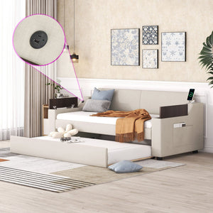English Elm Twin Upholstery Daybed with Trundle, Storage Arms & USB Charging, Beige Linen, Durable Pine Frame SM000547AAA
