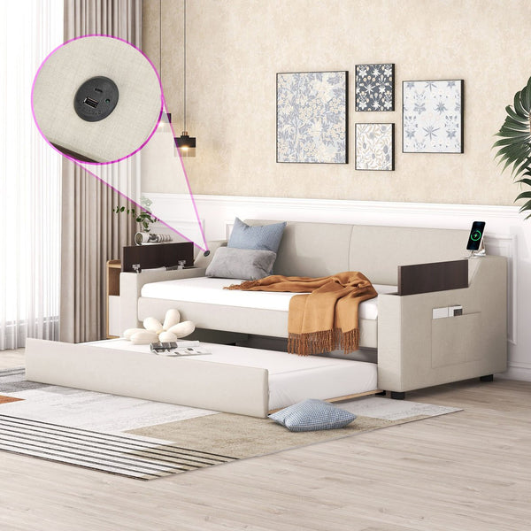 English Elm Twin Upholstery Daybed with Trundle, Storage Arms & USB Charging, Beige Linen, Durable Pine Frame SM000547AAA