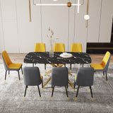 Hearth and Haven Large Modern Minimalist Rectangular Dining Table with 0.39 "Imitation Marble Black Tabletop and Golden Metal Legs, Paired with Chairs with Leatherette Cushions and Black Metal Legs. F-1537 C-007 W1151S00875 W1151S00875