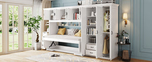 English Elm Twin Murphy Wall Bed with Integrated Desk Wardrobe and Storage Cabinet in White LP000767AAK